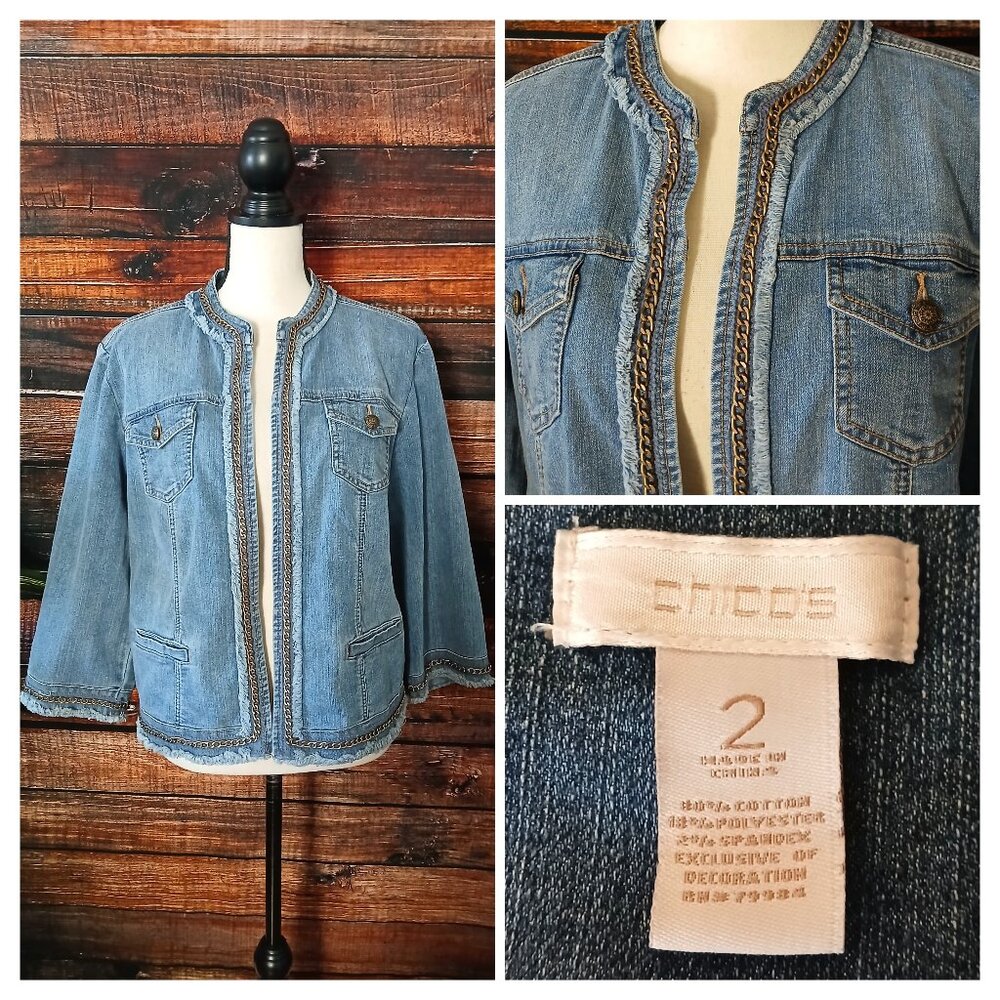 Chico's Jean Jacket 2 Large Chauncey Chain Fringe Open Front Cropped 3/4 Sleeves
